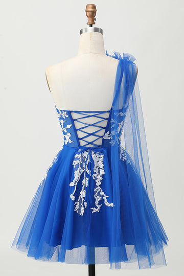 Royal Blue A Line Tulle One Shoulder Homecoming Dress with Lace Up Back